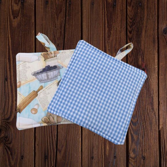 Handmade Potholder, Set of 2, Reversible Baking and Blue Gingham Hot Pads - Picture 6 of 6